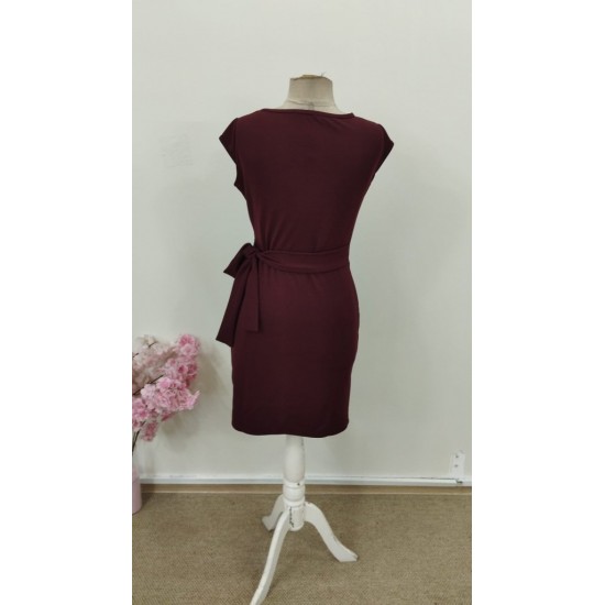 Kadın Kısa Kollu V Asimetrik Yaka Kesimli Yandan Bağlamalı Mini Janjan Krep Elbise, 30958