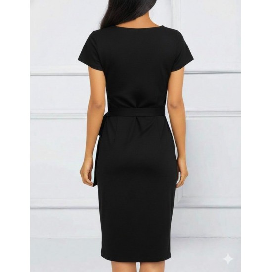 Kadın Kısa Kollu V Asimetrik Yaka Kesimli Yandan Bağlamalı Mini Janjan Krep Elbise , 30957