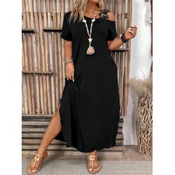 Kadın Kısa Kollu Omuzdan Açık Cep Detaylı Uzun Viskon Elbise , 30961