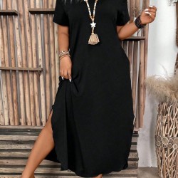 Kadın Kısa Kollu Omuzdan Açık Cep Detaylı Uzun Viskon Elbise , 30961