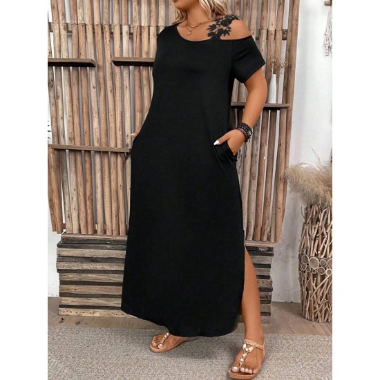 Kadın Kısa Kollu Omuzdan Açık Cep Detaylı Uzun Viskon Elbise , 30961