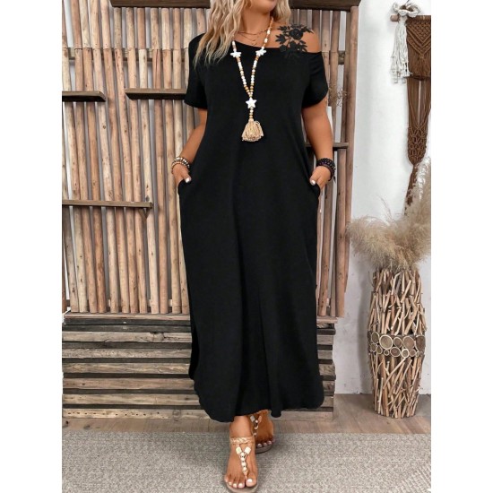 Kadın Kısa Kollu Omuzdan Açık Cep Detaylı Uzun Viskon Elbise , 30961