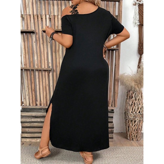 Kadın Kısa Kollu Omuzdan Açık Cep Detaylı Uzun Viskon Elbise , 30961