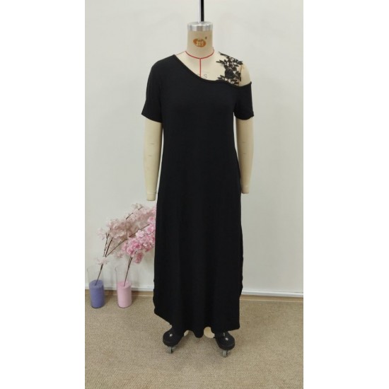 Kadın Kısa Kollu Omuzdan Açık Cep Detaylı Uzun Viskon Elbise , 30961