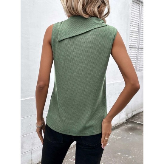 Kadın Kolsuz Asimetrik Düğmeli Yaka Waffle Bluz , 30964