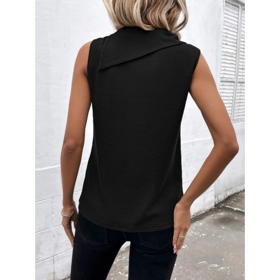 Kadın Kolsuz Asimetrik Düğmeli Yaka Waffle Bluz , 30963