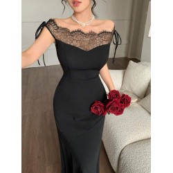 Kadın Göğüs Ve Yakası Dantel Detaylı Kayık Yaka Görünümlü Uzun Ithal Krep Elbise , 30968