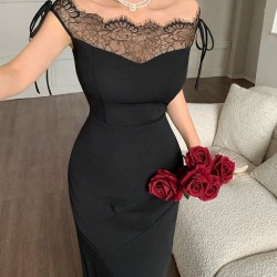 Kadın Göğüs Ve Yakası Dantel Detaylı Kayık Yaka Görünümlü Uzun Ithal Krep Elbise , 30968 Kadın Göğüs Ve Yakası Dantel Detaylı Kayık Yaka Görünümlü Uzun Ithal Krep Elbise , 30968