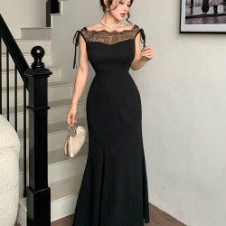 Kadın Göğüs Ve Yakası Dantel Detaylı Kayık Yaka Görünümlü Uzun Ithal Krep Elbise , 30968