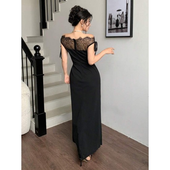 Kadın Göğüs Ve Yakası Dantel Detaylı Kayık Yaka Görünümlü Uzun Ithal Krep Elbise , 30968