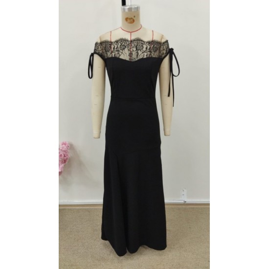 Kadın Göğüs Ve Yakası Dantel Detaylı Kayık Yaka Görünümlü Uzun Ithal Krep Elbise , 30968