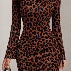 Kadın Uzun Kollu Bisiklet Yaka Leopar Desenli Dalgıç Mini Elbise , 30967 Kadın Uzun Kollu Bisiklet Yaka Leopar Desenli Dalgıç Mini Elbise , 30967