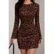 Kadın Uzun Kollu Bisiklet Yaka Leopar Desenli Dalgıç Mini Elbise , 30967