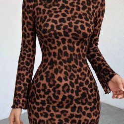 Kadın Uzun Kollu Bisiklet Yaka Leopar Desenli Dalgıç Mini Elbise , 30967