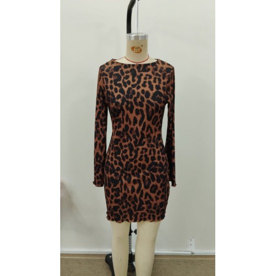 Kadın Uzun Kollu Bisiklet Yaka Leopar Desenli Dalgıç Mini Elbise , 30967