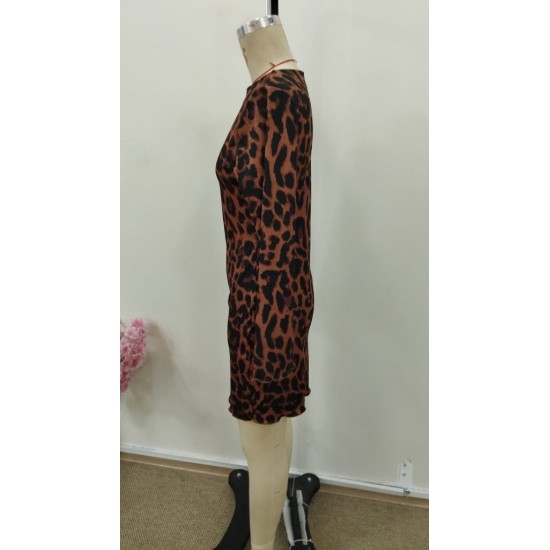 Kadın Uzun Kollu Bisiklet Yaka Leopar Desenli Dalgıç Mini Elbise , 30967