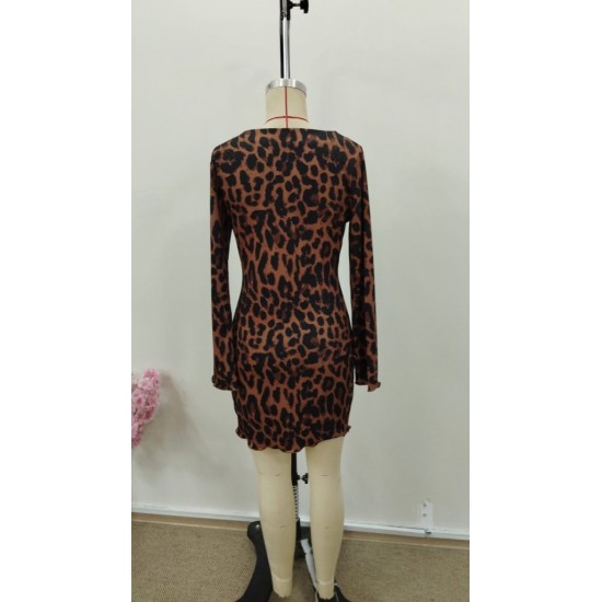 Kadın Uzun Kollu Bisiklet Yaka Leopar Desenli Dalgıç Mini Elbise , 30967