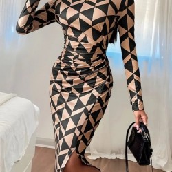 Kadın Uzun Kollu Balıkçı Yaka Yandan Büzgülü Yırtmaçlı Modal Midi Elbise , 30974