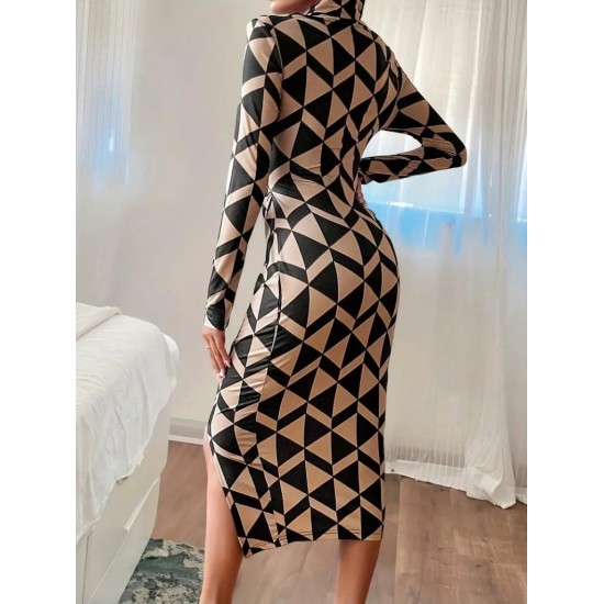 Kadın Uzun Kollu Balıkçı Yaka Yandan Büzgülü Yırtmaçlı Modal Midi Elbise , 30974