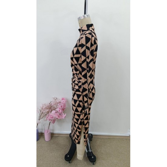 Kadın Uzun Kollu Balıkçı Yaka Yandan Büzgülü Yırtmaçlı Modal Midi Elbise , 30974