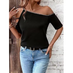 Kadın Kısa Kollu Omuzlardan Açık şerit Taş Detaylı Viskon Bluz , 30972