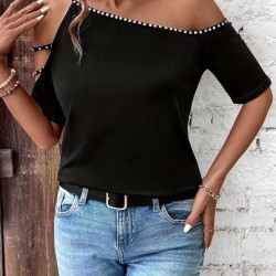 Kadın Kısa Kollu Omuzlardan Açık şerit Taş Detaylı Viskon Bluz , 30972 Kadın Kısa Kollu Omuzlardan Açık şerit Taş Detaylı Viskon Bluz , 30972