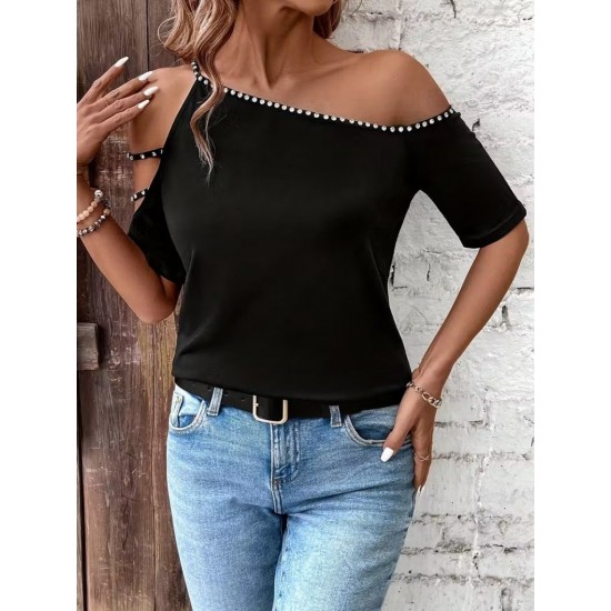 Kadın Kısa Kollu Omuzlardan Açık şerit Taş Detaylı Viskon Bluz , 30972