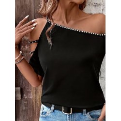 Kadın Kısa Kollu Omuzlardan Açık şerit Taş Detaylı Viskon Bluz , 30972