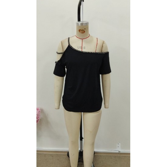 Kadın Kısa Kollu Omuzlardan Açık şerit Taş Detaylı Viskon Bluz , 30972