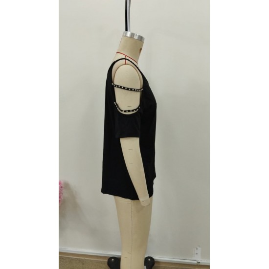 Kadın Kısa Kollu Omuzlardan Açık şerit Taş Detaylı Viskon Bluz , 30972