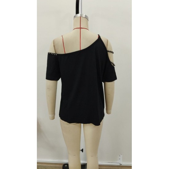 Kadın Kısa Kollu Omuzlardan Açık şerit Taş Detaylı Viskon Bluz , 30972