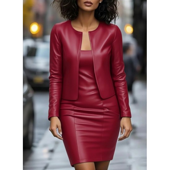 Kadın Uzun Kollu önü Açık Deri Ceket Ve Askılı Yuvarlak Yakalı Mini Elbise Ikili Takım , 30971