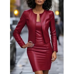 Kadın Uzun Kollu önü Açık Deri Ceket Ve Askılı Yuvarlak Yakalı Mini Elbise Ikili Takım , 30971 Kadın Uzun Kollu önü Açık Deri Ceket Ve Askılı Yuvarlak Yakalı Mini Elbise Ikili Takım , 30971