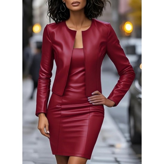 Kadın Uzun Kollu önü Açık Deri Ceket Ve Askılı Yuvarlak Yakalı Mini Elbise Ikili Takım , 30971