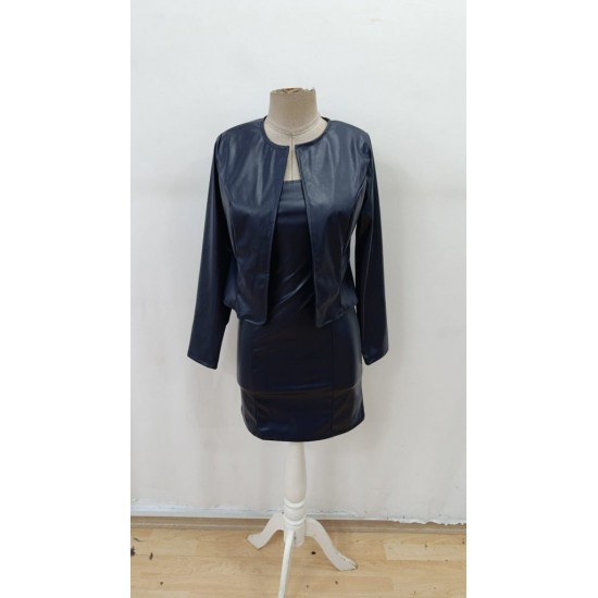 Kadın Uzun Kollu önü Açık Deri Ceket Ve Askılı Yuvarlak Yakalı Mini Elbise Ikili Takım, 30970