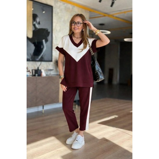 Kadın Kısa Kollu V Yakalı çift Renkli Viskon Iki Iplik Ikili Bluz Ve Pantolon Takım, 30981