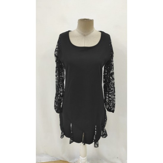 Kadın Uzun Kollu Yuvarlak Yaka Kol Ve Etek Ucu Dantelli Kısa Ithal Krep Elbise , 30982