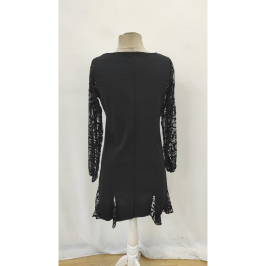 Kadın Uzun Kollu Yuvarlak Yaka Kol Ve Etek Ucu Dantelli Kısa Ithal Krep Elbise , 30982