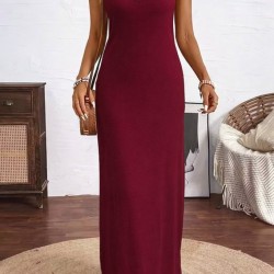 Kadın Askılı V Yakalı Yandan Yırtmaçlı Uzun Viskon Elbise , 30988