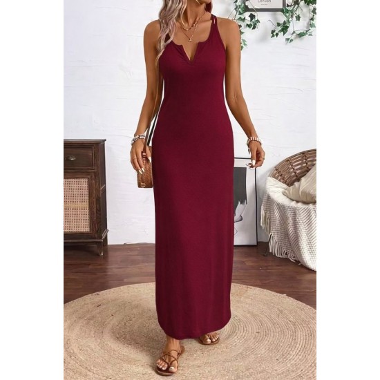 Kadın Askılı V Yakalı Yandan Yırtmaçlı Uzun Viskon Elbise , 30988