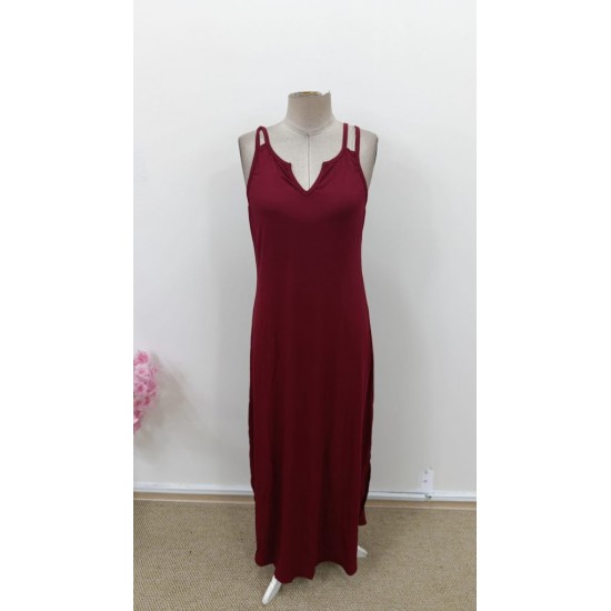 Kadın Askılı V Yakalı Yandan Yırtmaçlı Uzun Viskon Elbise , 30988