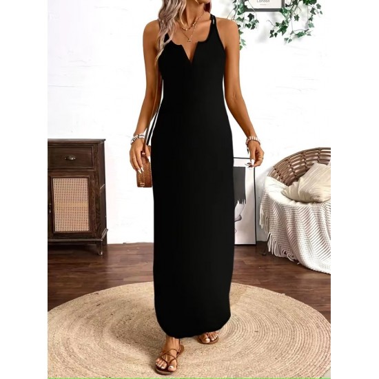 Kadın Askılı V Yakalı Yandan Yırtmaçlı Uzun Viskon Elbise , 30987