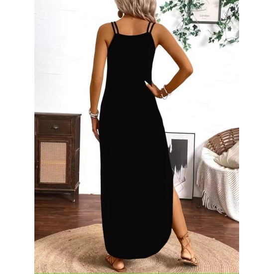 Kadın Askılı V Yakalı Yandan Yırtmaçlı Uzun Viskon Elbise , 30987