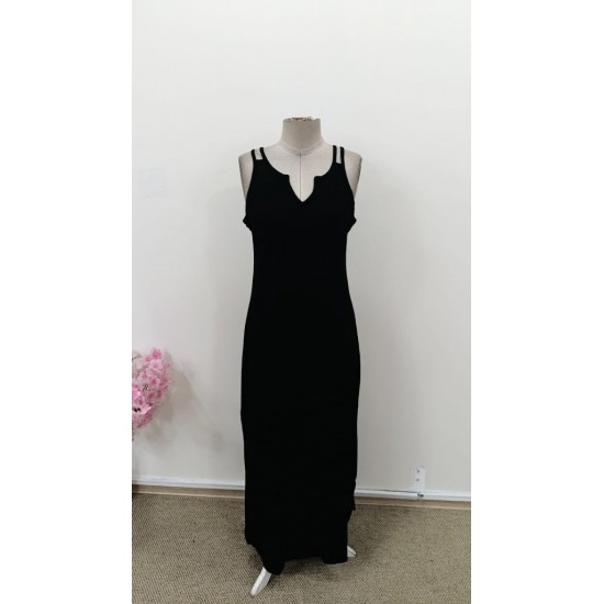 Kadın Askılı V Yakalı Yandan Yırtmaçlı Uzun Viskon Elbise , 30987