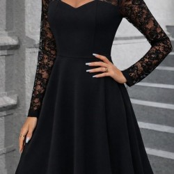 Kadın Uzun Kollu Balıkçı Yaka Dantelli Ithal Krep Kısa Kiloş Elbise, 30989