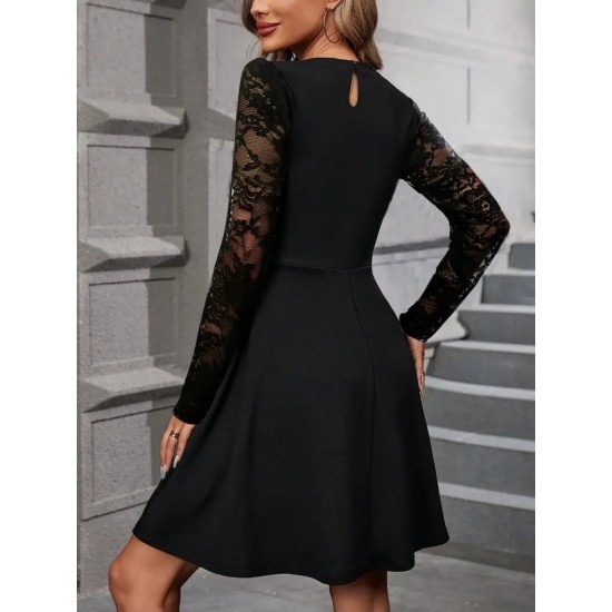 Kadın Uzun Kollu Balıkçı Yaka Dantelli Ithal Krep Kısa Kiloş Elbise, 30989