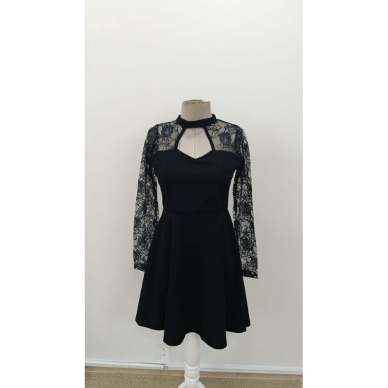 Kadın Uzun Kollu Balıkçı Yaka Dantelli Ithal Krep Kısa Kiloş Elbise, 30989