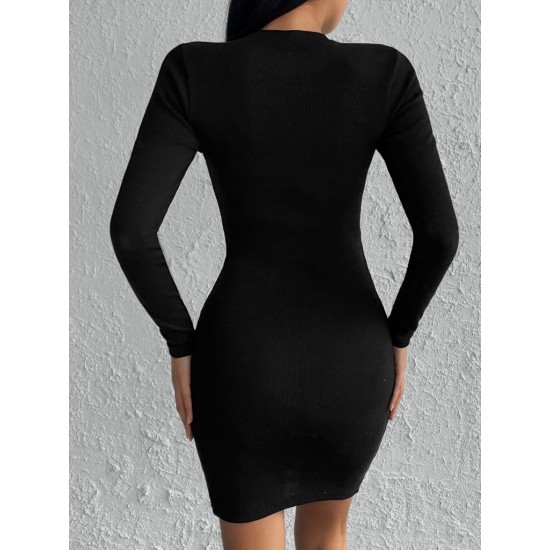 Kadın Siyah Uzun Kollu Bisiklet Yaka Yan Yırtmaç Düğme Detay Kısa Kaşkorse Elbise, 30996