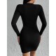 Kadın Siyah Uzun Kollu Bisiklet Yaka Yan Yırtmaç Düğme Detay Kısa Kaşkorse Elbise, 30996