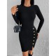 Kadın Siyah Uzun Kollu Bisiklet Yaka Yan Yırtmaç Düğme Detay Kısa Kaşkorse Elbise, 30996
